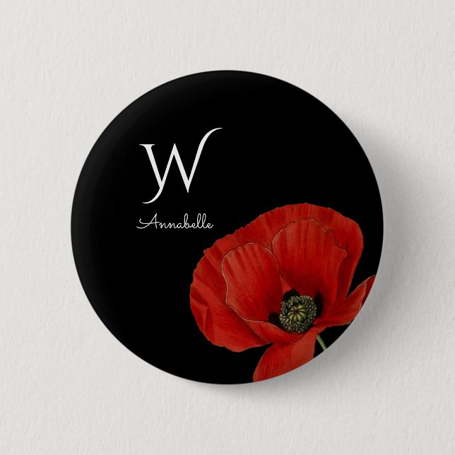 Macaron Rond 5 Cm Pavot rouge monogramme sur noir simple (Devant)