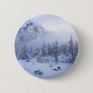 Macaron Rond 5 Cm Pays merveilleux d'hiver, brouillard, forêt d'épin