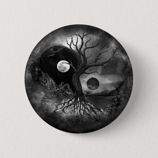 Macaron Rond 5 Cm Paysage de Yin Yang Tree noir et blanc (Devant)