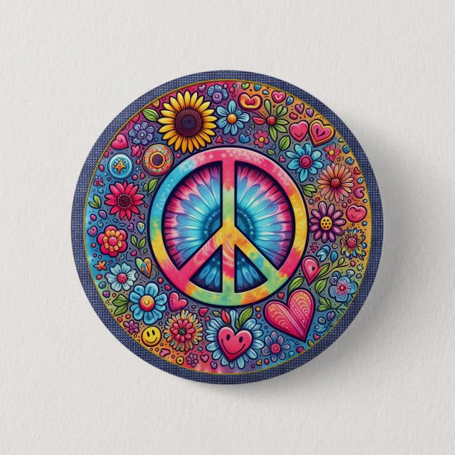 Macaron Rond 5 Cm "Peace Hearts and Flower" Button (Devant)