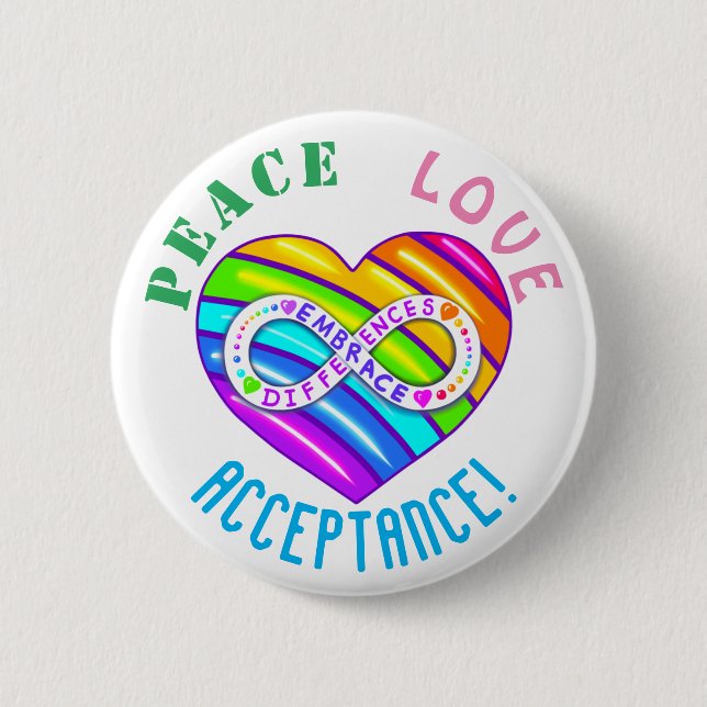 Macaron Rond 5 Cm Peace Love Acceptation Arc-en-ciel Autisme Bouton  (Devant)