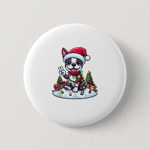 Macaron Rond 5 Cm Peace Main Boston Terrier Lumières de Noël Femmes