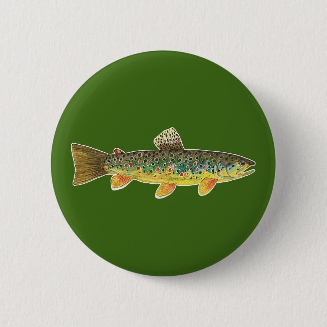 Macaron Rond 5 Cm Pêche Brown à la truite Poisson Vert Pêcheur (Devant)
