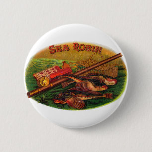 Macaron Rond 5 Cm Pêche vintage Gear Cigar Étiquette Art, Sea Robin