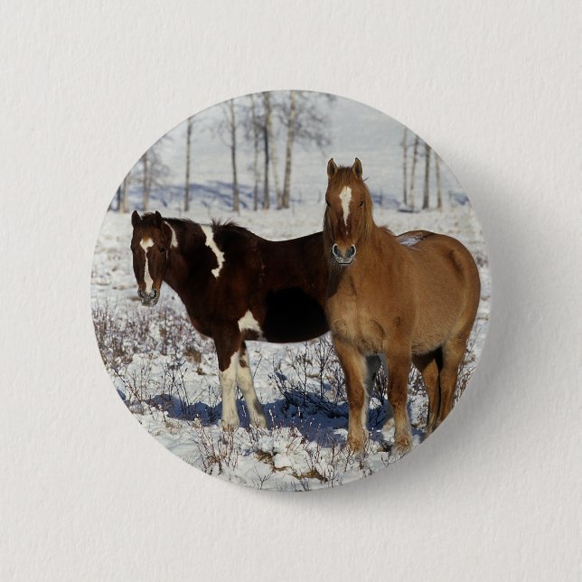 Macaron Rond 5 Cm Peignez les chevaux dans la neige (Devant)
