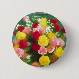 Macaron Rond 5 Cm Peinture Bouquet Rose - Jolie Art Fleur Originale