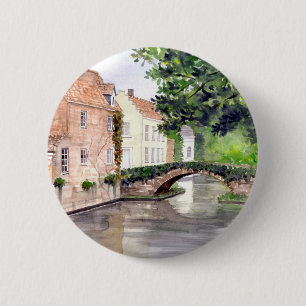 Macaron Rond 5 Cm Peinture d'aquarelle de Bruges par Farida Greenfie