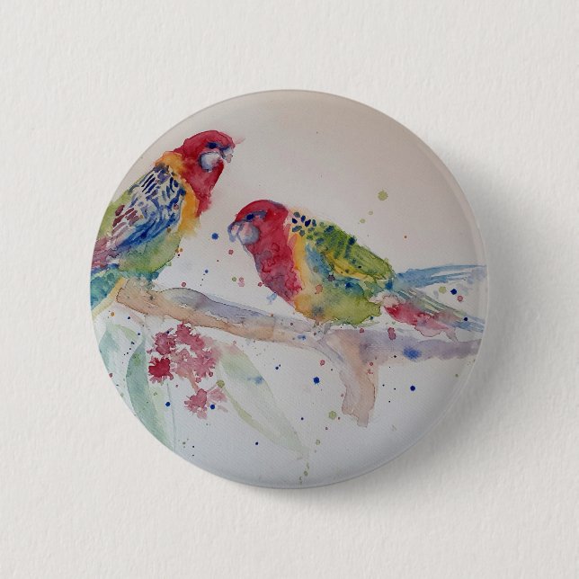 Macaron Rond 5 Cm Peinture d'aquarelle rouge Rosella Parrot (Devant)