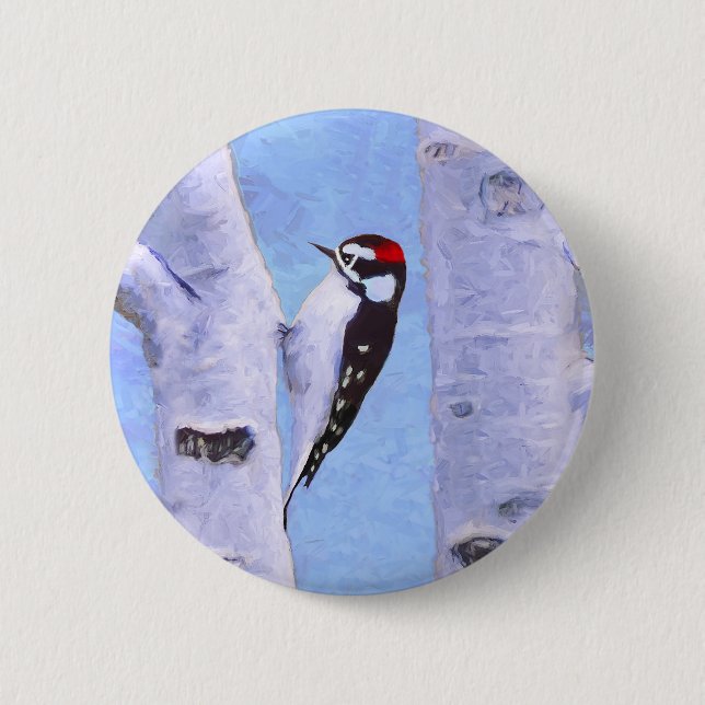 Macaron Rond 5 Cm Peinture Downy Woodpecker - Art original pour oise (Devant)