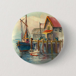 Macaron Rond 5 Cm Peinture d'un bateau attaché à un quai