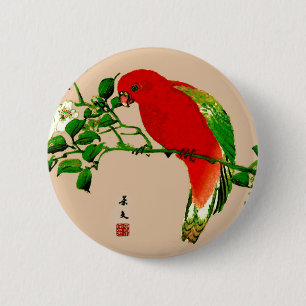 Macaron Rond 5 Cm Peinture japonaise vintage d'un perroquet, rouge e