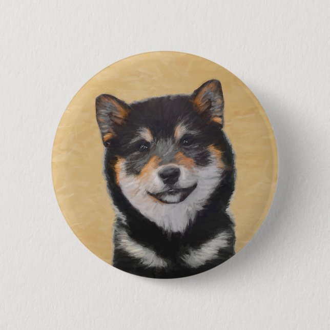Macaron Rond 5 Cm Peinture Shiba Inu (Noir et Tan) - Art Chien (Devant)