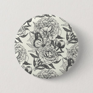 Macaron Rond 5 Cm Peonies et papillons bloquent l'impression, noir e