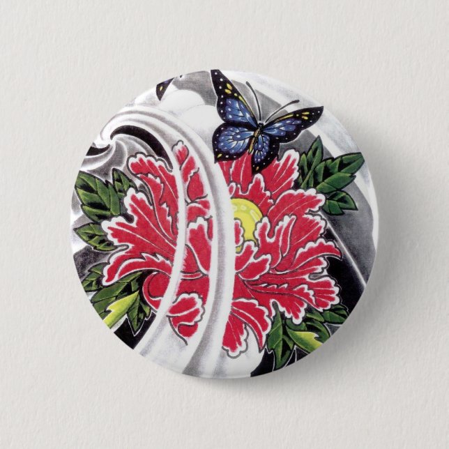 Macaron Rond 5 Cm Peony Flower et Papillon Tattoo Design (Devant)