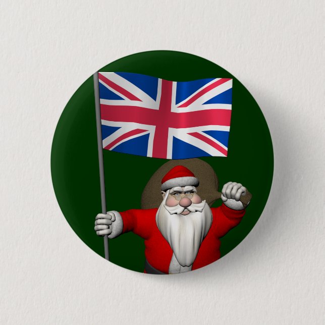 Macaron Rond 5 Cm Père Noël Avec Drapeau Union Du Royaume-Uni (Devant)