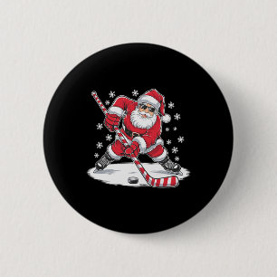 Macaron Rond 5 Cm Père Noël de Noël drôle jouant au hockey sur glace