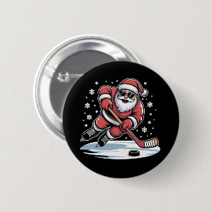 Macaron Rond 5 Cm Père Noël de Noël drôle jouant au hockey sur glace