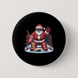 Macaron Rond 5 Cm Père Noël gardien de but de hockey drôle de hockey