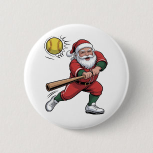Macaron Rond 5 Cm Père Noël jouant au softball Noël Joueur Sport