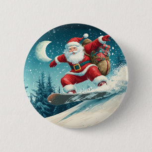 Macaron Rond 5 Cm Père Noël livre des cadeaux de Noël sur snowboard