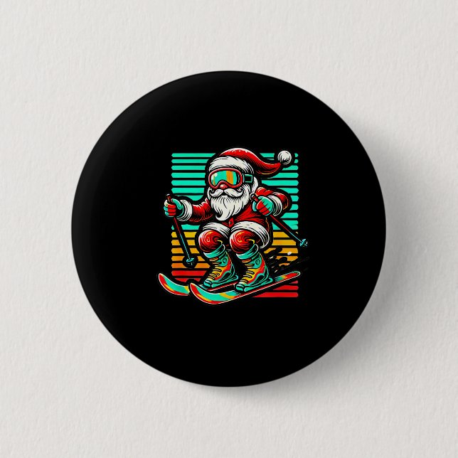 Macaron Rond 5 Cm Père Noël rétro - ski de Noël  (Devant)