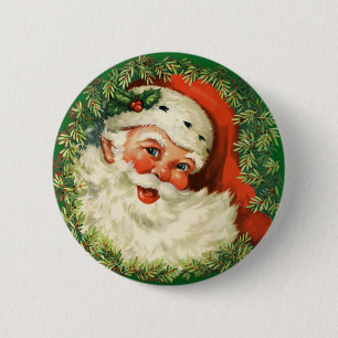 Macaron Rond 5 Cm Père Noël vintage avec couronne de pin