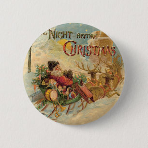 Macaron Rond 5 Cm Père Noël vintage dans son traîneau à rennes