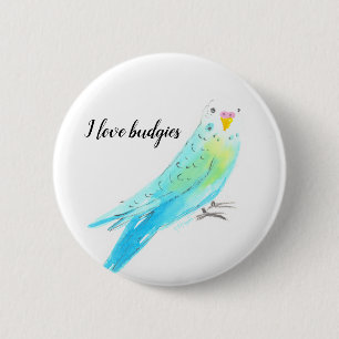 Macaron Rond 5 Cm Perruche Bouddhique Aquarelle Bleue