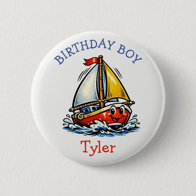 Macaron Rond 5 Cm Personalized Birthday Boy Pop Art Sailboat (Devant)