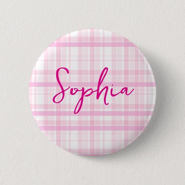 Macaron Rond 5 Cm Personalized Pink Plaid button  with Name  (Devant)