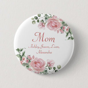 Macaron Rond 5 Cm Personnalisé Maman Rose Roses Floral 4 à 8 Noms d'