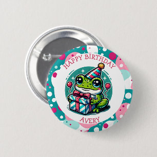 Macaron Rond 5 Cm Personnalisée Joyeuse Grenouille d'anniversaire th