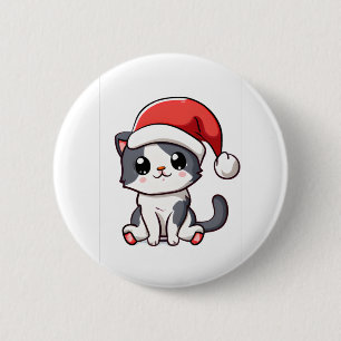 Macaron Rond 5 Cm Petit chaton de Noël portant le chapeau de Père No
