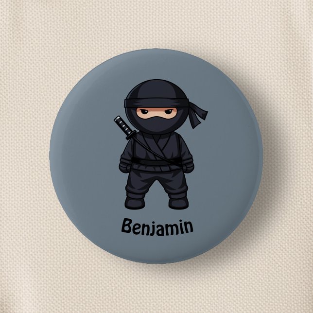 Macaron Rond 5 Cm Petit guerrier ninja sur fond gris (Créateur téléchargé)