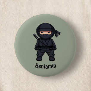 Macaron Rond 5 Cm Petit guerrier ninja sur fond vert sauge
