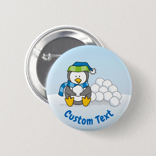 Macaron Rond 5 Cm Petit pingouin assis avec des boules de neige (Devant & derrière)