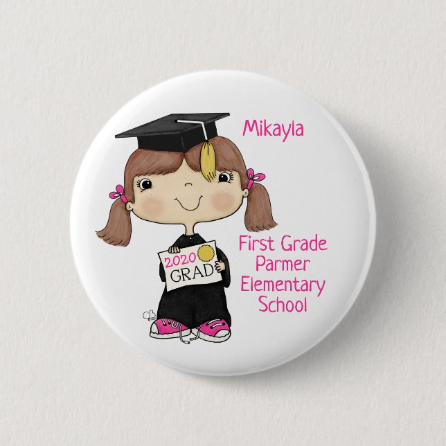 Macaron Rond 5 Cm Petite fille diplômée Cheveux Brown (Devant)
