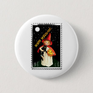 Macaron Rond 5 Cm Petite Fille Nostalgique, Citrouille et Chat