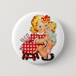 Macaron Rond 5 Cm Petite fille rétro vintage poupée enfant