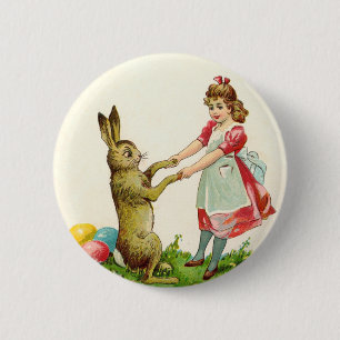 Macaron Rond 5 Cm Petite fille vintage Danse avec lapin Oeuf de Pâq