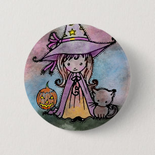Macaron Rond 5 Cm Petite sorcière et chat Halloween Pinback Button