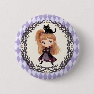 Macaron Rond 5 Cm Petite Sorcière Mignonne et Chat Noir Aquarelle