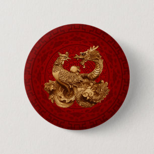 Macaron Rond 5 Cm Phoenix and Dragon - on red