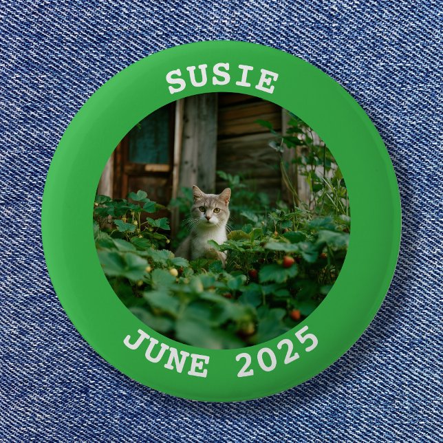 Macaron Rond 5 Cm Photo de famille ronde de nom vert et blanc (Green and White Name Round Family Photo Button)