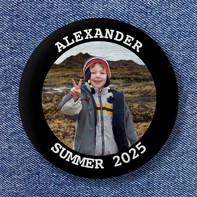 Macaron Rond 5 Cm Photo de famille ronde personnalisée Noir (Personalized Round Family Photo Black Button)