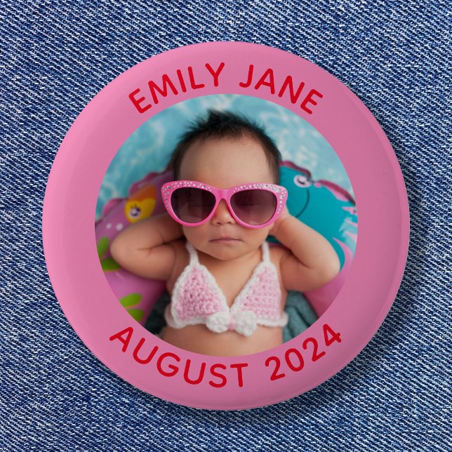 Macaron Rond 5 Cm Photo de famille ronde rose et rouge personnalisée (Pink and Red Personalized Round Family Photo Button)