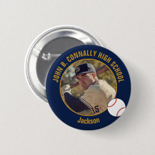 Macaron Rond 5 Cm Photo de joueur de baseball en or bleu marine pour