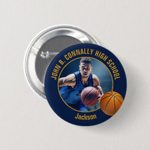 Macaron Rond 5 Cm Photo de joueur de basket-ball en bleu marine et o