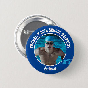 Macaron Rond 5 Cm Photo de l'équipe de natation bleue Nageur de lycé