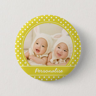 Macaron Rond 5 Cm Photo personnalisée et nom de la Polka jaune vif